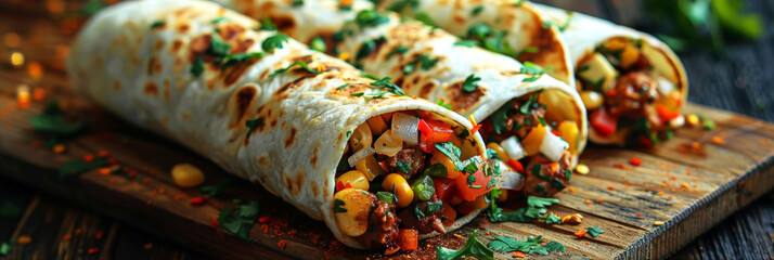 Grilled burritos wraps with chicken, beans, corn, tomatoes and avocado on a dark background. Traditional Mexican food concept. Latin American national cuisine. Horizontal image for menu, recipe.