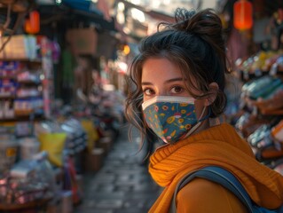 Portrait of a young woman wearing a mask in a busy Asian market