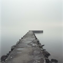 Obraz premium A concrete pier jutting out into a calm lake on a foggy day