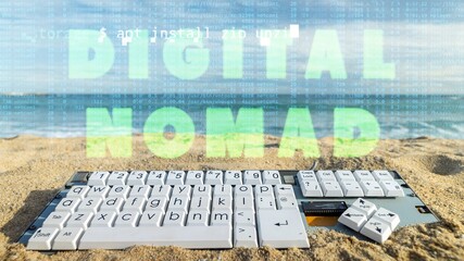 computer keyboard on a beach - 801288245