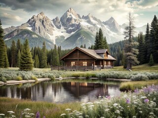 Large log cabin surrounded by forest, with a small pond, with snow-capped mountains in the background.