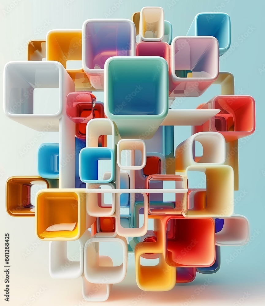 Poster colorful 3d rendering of translucent rounded cubes