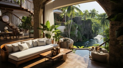 Fototapeta premium Modern tropical living room withè½åœ°çª—å’Œè½åœ°çª—