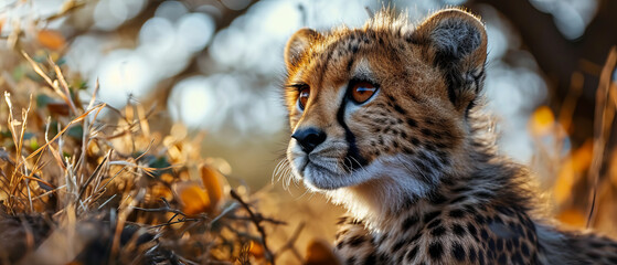 A baby cheetah is looking at the camera