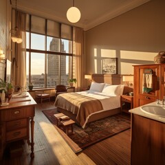 Fototapeta premium Vintage hotel room with large windows and a view of the city