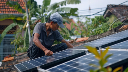 Asian worker working on solar panels, renewable energy, south east asia

