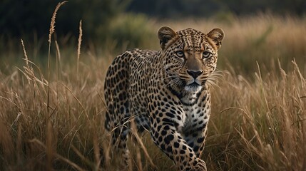 a majestic leopard in high grass, natural habitat, stock photo, background image, wallpaper