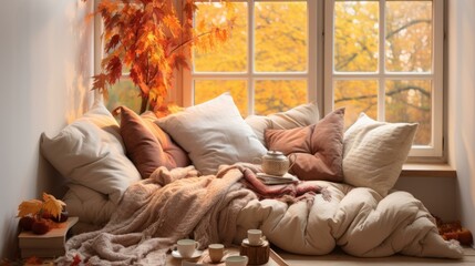 Cozy autumn home interior with pillows, blankets and tea