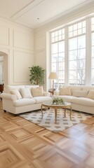 Bright spacious living room with white sofas and parquet flooring