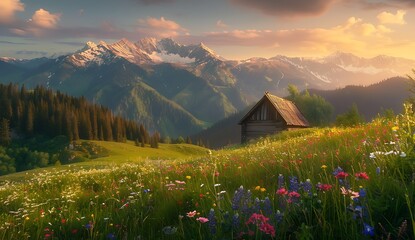 A picturesque landscape of the Carpathian Mountains at sunrise, with colorful wildflowers blooming...