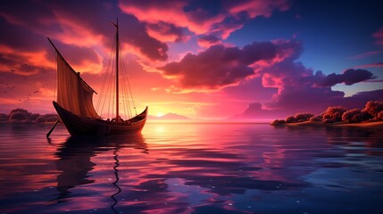 The beauty of twilight is captured in this stunning image, with the solitary boat drifting peacefully along the coastline under the colorful canvas of the setting sun