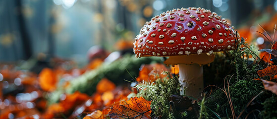 A red mushroom is sitting on a pile of leaves - Powered by Adobe