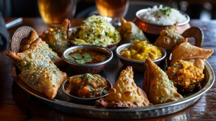 A platter of assorted samosas served with spicy mint chutney and tangy mango pickle, offering a burst of flavors and textures in every bite. - obrazy, fototapety, plakaty