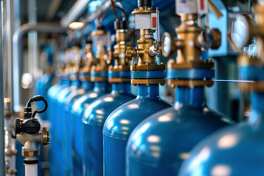 Blue oxygen tanks. Bundle of gas cylinder and high pressure gauges, meter, valve. Many argon cylinders with compressed gas for industry, welding. Fuel manufacturing. Liquefied gas production, factory