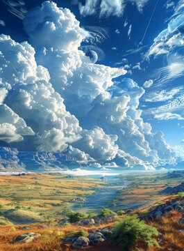 Fantasy landscape with a beautiful blue sky and white clouds