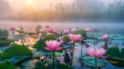 A misty morning scene, where lotus blooms emerge from the tranquil waters, kissed by the first light of dawn