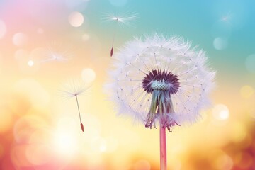 Dandelion seeds blowing in the wind with a beautiful blurred background in shades of yellow, orange, pink and blue
