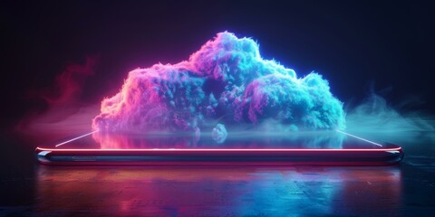 A glowing cloud of blue and pink smoke rising from a smartphone