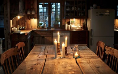 Cozy Farmhouse Kitchen Ambiance with Candlelight