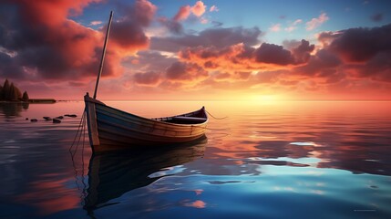 The tranquil beauty of dusk unfolds in this captivating image, with the solitary boat gently swaying by the shore against the backdrop of the setting sun