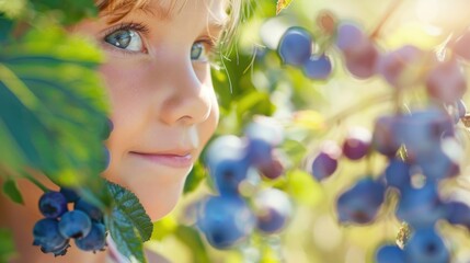 The little girls nose, face, hair, smile, eyes, and ears light up as she stands in front of a blueberry bush. Her happy expression is reflected in her shining eyes and curled eyelashes AIG50