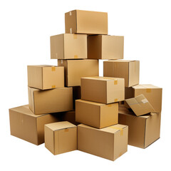 Cardboard boxes piled high isolated on transparent background