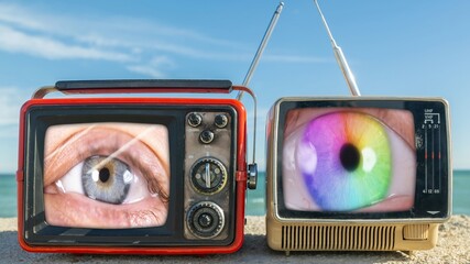 televisions with beautiful female eye on the screen next to the sea - 801290406