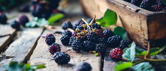 A basket of blackberries is on a wooden table