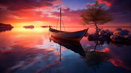 The tranquil beauty of twilight unfolds in this captivating image, with the solitary boat gently rocking on the calm waters under the colorful palette of the setting sun