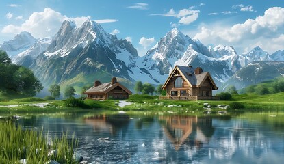 A wooden house in the mountains, with snowcapped peaks and green grass around it. In front of them is an mirrorlike lake reflecting the majestic mountain range - Powered by Adobe
