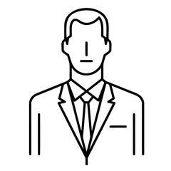 A monochrome drawing of a man in formal attire, with a smiling face and a tie