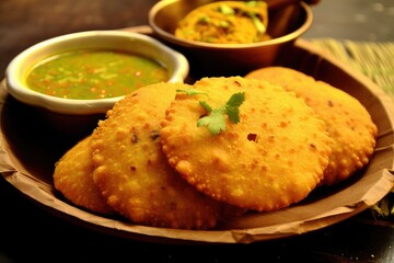 Fototapeta premium A plate of Bengali food with dal puri served with a side of dipping sauce. Generative AI