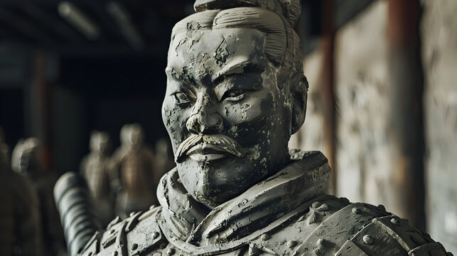 An epic shot of a Chinese terracotta warrior with his distinctive armor and weapon.


