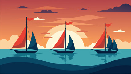 As the sun sets on the horizon a group of sailboats with fluttering flags reflect the beauty and resilience of our nation on this important day.. Vector illustration