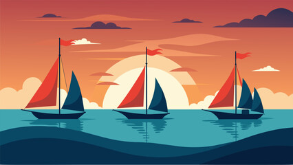 Fototapeta premium As the sun sets on the horizon a group of sailboats with fluttering flags reflect the beauty and resilience of our nation on this important day.. Vector illustration