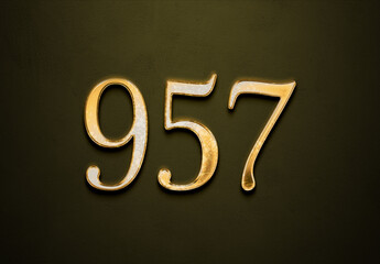 Old gold effect of 957 number with 3D glossy style Mockup.	