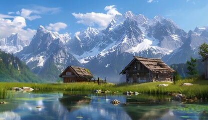 Fototapeta na wymiar A wooden house in the mountains, with snowcapped peaks and green grass around it. In front of them is an mirrorlike lake reflecting the majestic mountain range