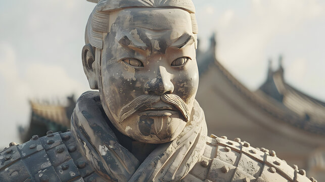 An epic shot of a Chinese terracotta warrior with his distinctive armor and weapon.


