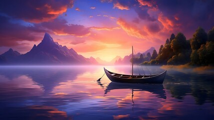 The beauty of dusk is captured in this mesmerizing image, with the solitary boat gently rocking on the calm waters under the colorful palette of the setting sun - obrazy, fototapety, plakaty