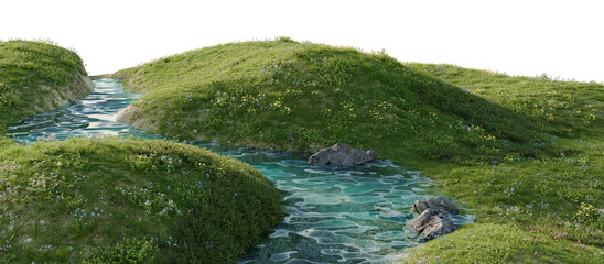 A calm river surrounded by lush greenery and wild flowers. 3D rendering