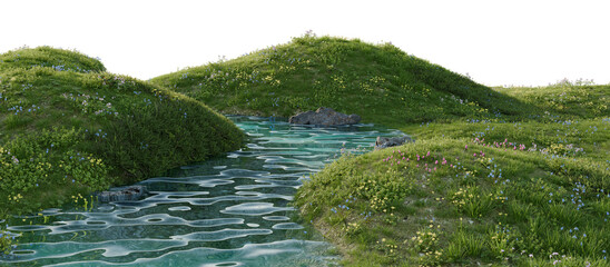 A calm river surrounded by lush greenery and wild flowers. 3D rendering