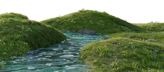 A calm river surrounded by lush greenery and wild flowers. 3D rendering