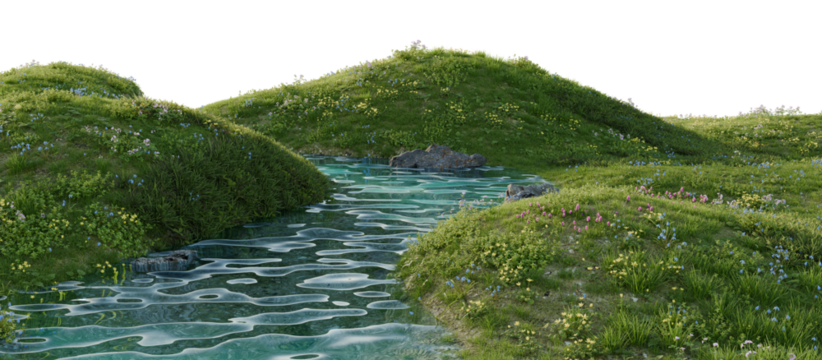 A calm river surrounded by lush greenery and wild flowers. 3D rendering