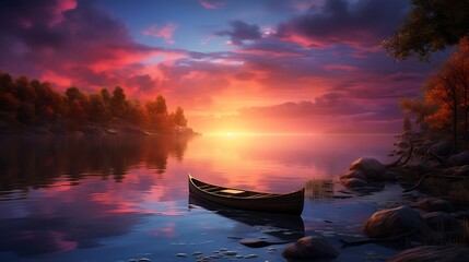 The beauty of dusk unfolds in this enchanting scene, with the solitary boat gently bobbing on the peaceful waters against the backdrop of the setting sun