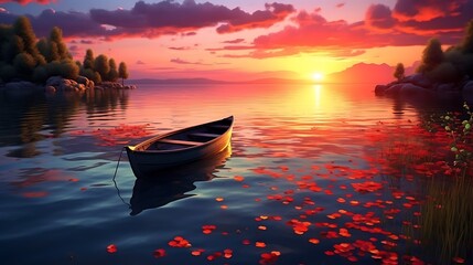The beauty of dusk unfolds in this enchanting scene, with the solitary boat gently bobbing on the peaceful waters against the backdrop of the setting sun - obrazy, fototapety, plakaty