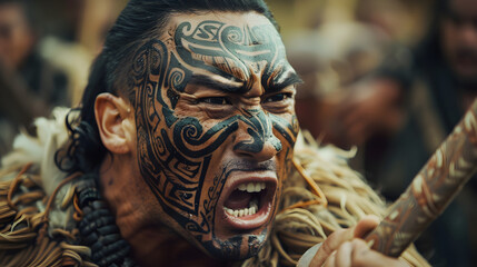 Fototapeta premium An epic shot of a Maori warrior performing a haka, showcasing his intricate facial tattoos.