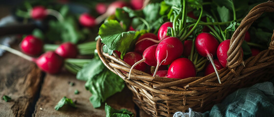 A basket full of red radishes on a wooden table - Powered by Adobe