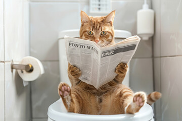 Cat is comfortably seated on toilet in bathroom and reading newspaper. Morning routine