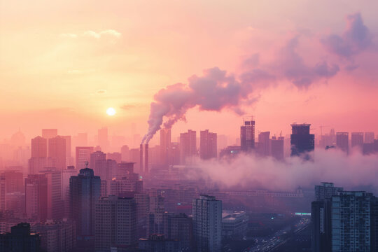 Aerial view of city in smog at sunset. Cityscape with high rise buildings in morning haze. Air pollution concept