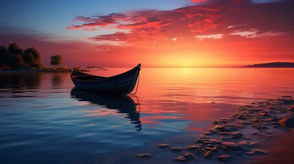 The tranquil beauty of dusk unfolds in this captivating image, with the solitary boat gently swaying by the shore against the backdrop of the setting sun